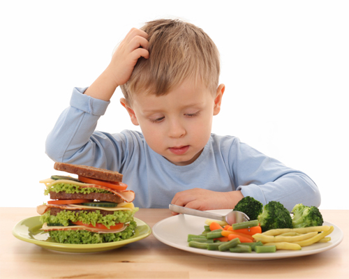 Photo: Child and two plates of food.