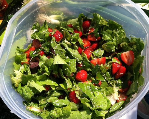 Photo: View into a salad bowl filled with strawberry romain salad.
