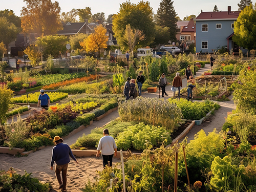 People taking care of plants in community garden.