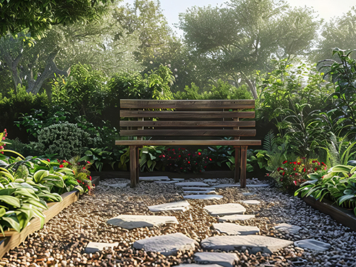 Peaceful garden with a meditation bench.