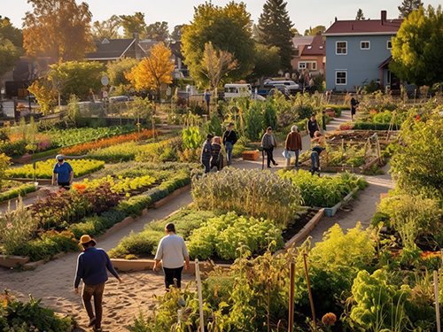 Aerial view of a community garden, an example for urban food systems.