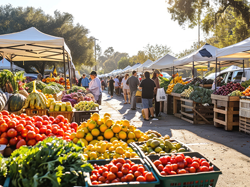People walk through an outdoor farmers market lined with vendor tents displaying a wide variety of fresh fruits and vegetables.