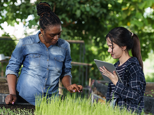 Mentor and student in farming class.