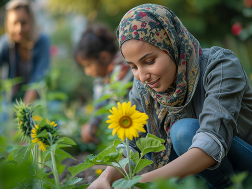 Community garden with teens and mentor.