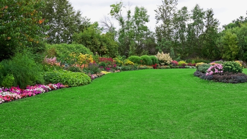 Flower beds bordering green lawn.