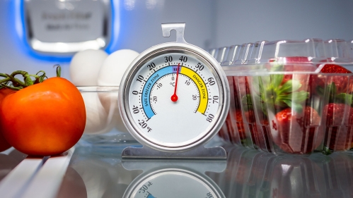 Refrigerator thermometer displaying safe food temperature.