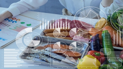 Charts overlayed an image of a person looking at a clipboard with food of all kinds next to them.