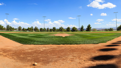An extremely well taken care of baseball field with beautifully manicured turfgrass is seen from home base.