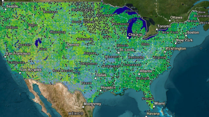 A digital view of the United States of America with specific names of states or cities being pointed out.