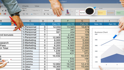 Arms are portrayed as though people are sitting at a table during a meeting or collaboration. The table is an Excel spreadsheet.
