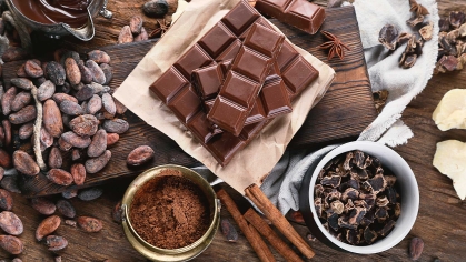 Cacao beans, powder, cacao butter, chocolate bar and chocolate sauce