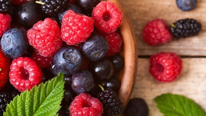 Bowl of blueberries, raspberries, and blackberries