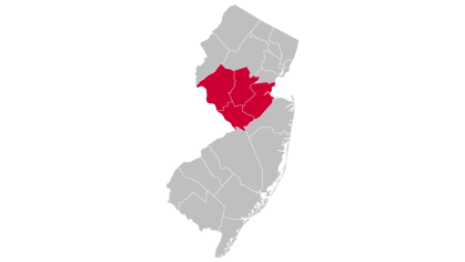 A silhouette of New Jersey highlighting Central Jersey counties.