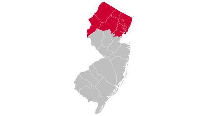 A silhouette of New Jersey highlighting North Jersey counties.