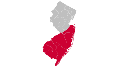 A silhouette of New Jersey highlighting South Jersey counties.
