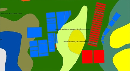 Map of location of blueberry (blue) and cranberry (red) fields in relation to soil map units.